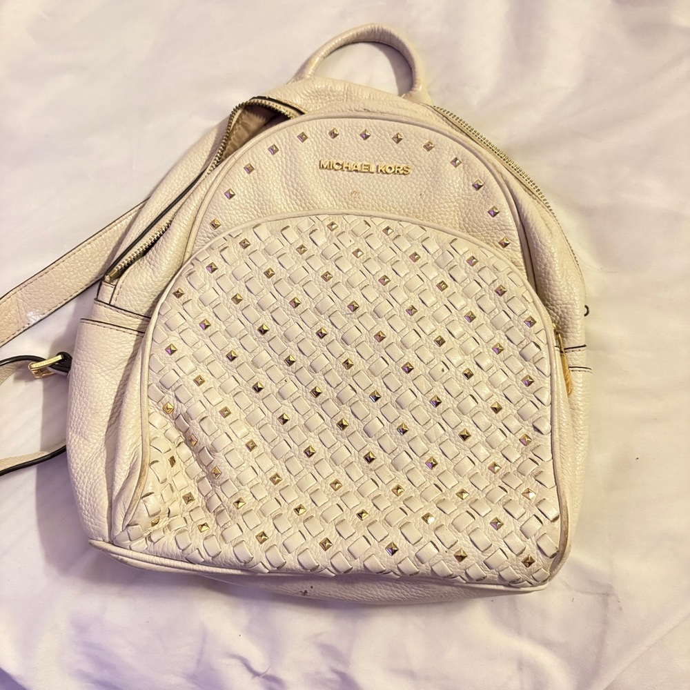 Michael Kors White Studded Leather Mini Backpack | Gold Studs Designer Bag